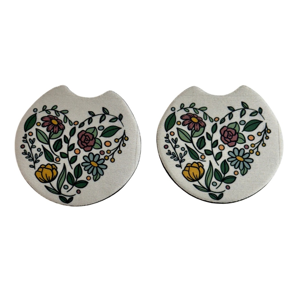 Handcrafted Floral Heart Car Coaster Set of 2 Neoprene Botanical Auto Decor